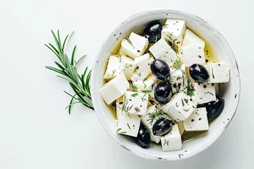 Poster Feta cheese and black olives bowl on white backdrop © The Big L