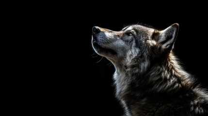 gray wild wolf profile portrait heading up howling at night isolated on black background with copyspace area - obrazy, fototapety, plakaty