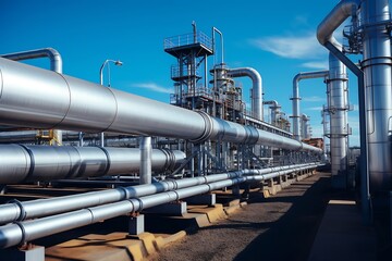 Industrial zone, Steel pipelines and valves against blue sky background.