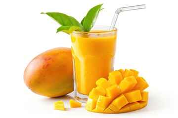 Close up design concept of fresh and delicious mango juice in glass cup with straw isolated on white background