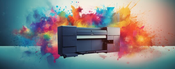 office or professional photocopier or printer with color splashes for high quality printing services as wide banner with copy space area - obrazy, fototapety, plakaty