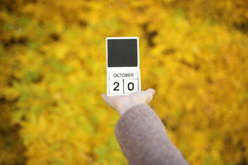 Woman holding calendar with date October 20 on yellow autumn leaves background