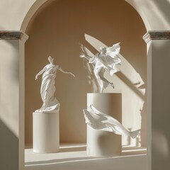 Ethereal Statues in Flight: A Play of Light and Shadow in Modern Architecture. Suitable for concepts of freedom, beauty, and art