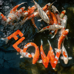 Obraz na płótnie Canvas Dynamic Koi Dance: Vibrant Underwater Ballet in a Garden Pond, 