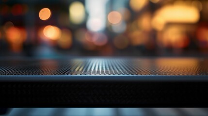 Metropolitan Twilight: Black Mesh Table Surface Over Cityscape with Bokeh Lights for Product Showcasing