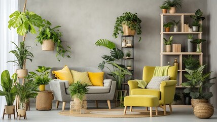 Interior of modern living room with plants, armchair and shelves