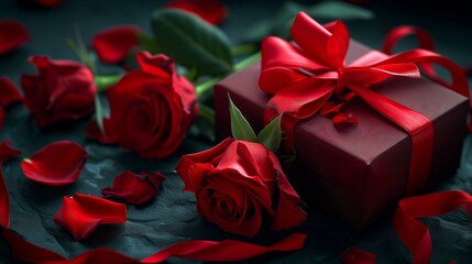 Red Roses and Gift Box with Ribbon Bow with dark background for Valentine Day Product Mockup