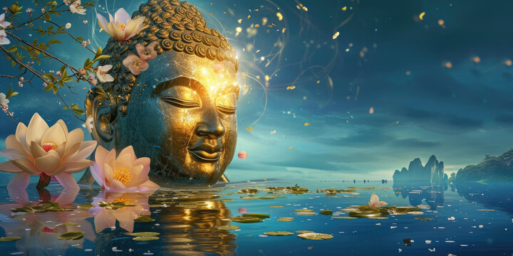 golden buddha face with glowing lotuses and and branch of blossom flowers on blue sky