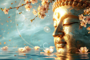golden buddha face with glowing lotuses and and branch of blossom flowers on blue sky - obrazy, fototapety, plakaty