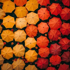 Vibrant canopy of umbrellas in autumn hues creating a mesmerizing overhead pattern, ideal for decorative and design themes