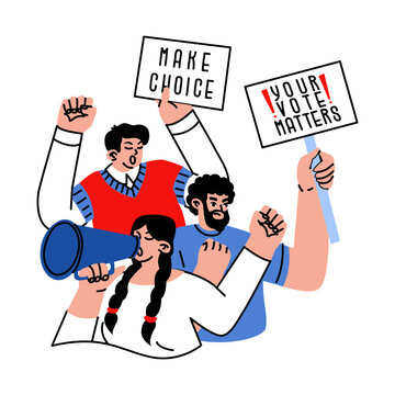 People with placards and raised hands at a demonstration. Banner inscriptions make a choice and your voice matters. State elections. Selecting a candidate for political office. Vector illustration