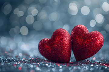 Obraz premium Two Hearts On red Glitter In Bokeh Background - Valentine's Day Concept1