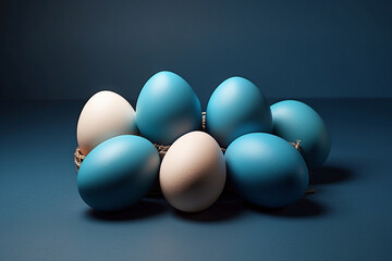 Top perspective, flat lay, copy space, hand-painted blue easter eggs on a dark background for an Easter-inspired minimalist composition.