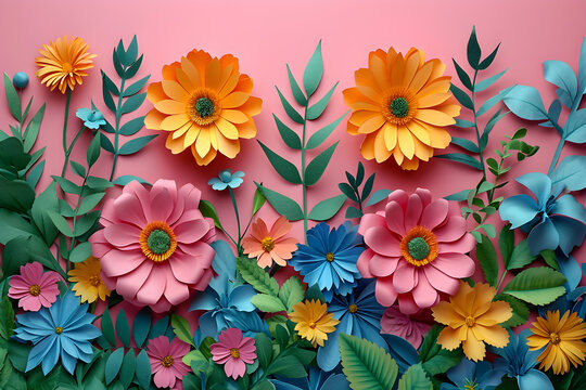 top_view_of_colorful_paper_cut_flowers_with_green_leaves