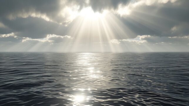Sun Rays Piercing Through Clouds Over Tranquil Sea