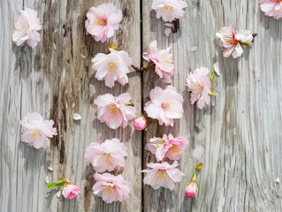 Scattered pink cherry blossoms on weathered wood, symbolizing transient beauty