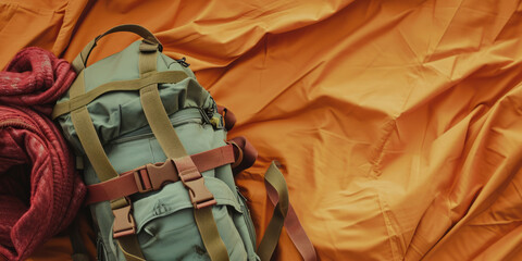 Olive Green Backpack and Burgundy Notebook on Vibrant Orange Textured Background