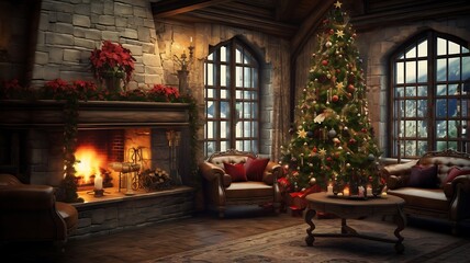 Christmas living room interior with fireplace and Christmas tree. 3D rendering - obrazy, fototapety, plakaty