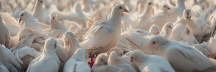 Solitary white dove standing out in a flock, pattern background - obrazy, fototapety, plakaty