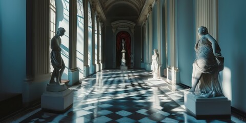 Classical statues casting long shadows in a gallery hall, evoking a sense of history and timelessness