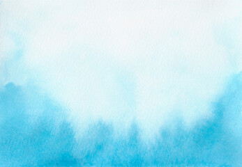 Blue abstract watercolor background with gradient, hand-drawn. A banner with a place for text for design and decoration. The texture of watercolor on paper. Business card template, postcards, menus.