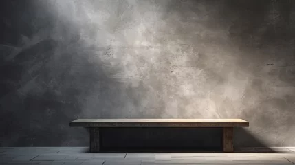 Fotobehang Grunge concrete wall texture and stone table background with light beam and shadow – ideal for product presentations, displays, and mock-ups © Ashi