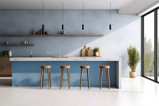 a modern kitchen with white walls, concrete floor, blue countertops and cupboards, marble bar with stools and white mock up wall on the left.