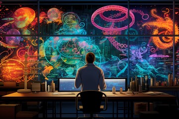 A scientist analyzing DNA samples in a laboratory, with intricate patterns and colorful visuals representing genetic information.