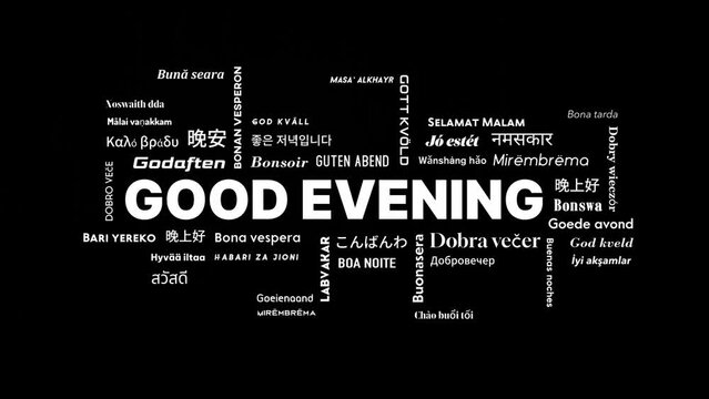 Good Evening text animation in different languages. 4k resolution video footage