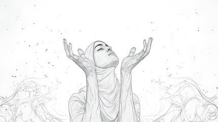 Fototapeta na wymiar One line hand drawing. arms reaching up an Islamic prayer. generative ai