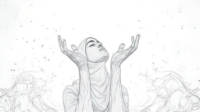 One line hand drawing. arms reaching up an Islamic prayer. generative ai © Saleem