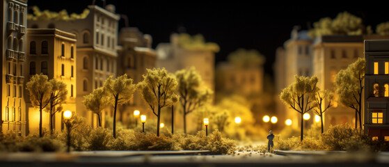 Fototapeta na wymiar miniature house at night with lights and trees on it, in the style of blurred landscapes