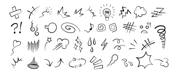 Fototapeta premium Anime comic emoticon element graphic effects hand drawn doodle vector illustration set isolated on white background. Cartoon style manga doodle line expression scribble anime mark collection.