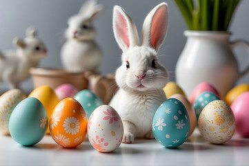 Fototapeta na wymiar Cute easter bunny with eggs on a table, generative AI