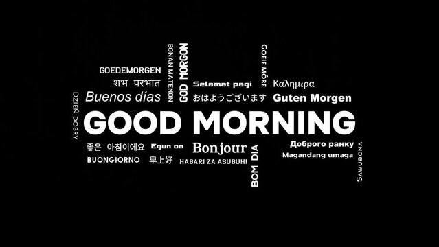 Good Morning moving text animation in different languages. 4k resolution video footage