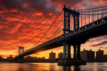 Manhattan Bridge at sunset, New York City, United States.