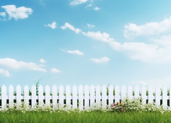 Obraz premium A white fence with blue sky and green grass. generative AI