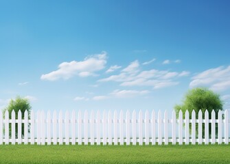 A white fence with blue sky and green grass. generative AI