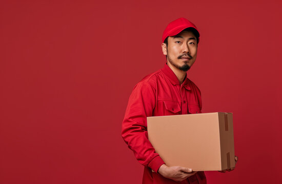 Delivery, cardboard box and man holding a package for courier business company or product distribution. Portrait, male closeup and parcel handover to consumer for online shopping, ecommerce or shipme