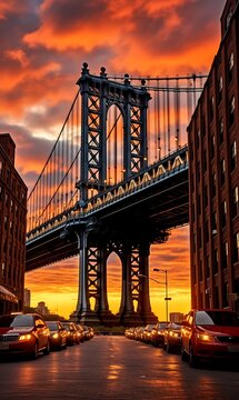 Fototapeta Manhattan Bridge over East River at sunset, New York City, USA