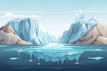 Illustration of melting ice cap, water and ice on top. Warming seas, glaciers melting. Arctic endangered by climate crisis. Generative AI