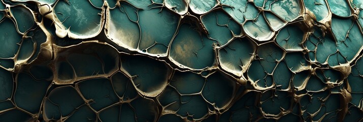 Abstract Pattern of Dried Bons and Metal in the Style of Dark Turquoise and Bronze - Cracked Web based Fractalpunk Abstraction Creation Art Background created with Generative AI Technology - obrazy, fototapety, plakaty