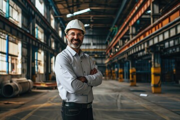 A proud smiling 40-year-old male boss in formal clothes at a factory, warehouse, distribution center or logistical facility