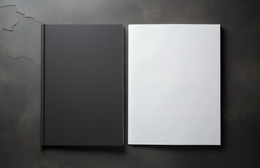 Two blank pieces of paper in black and white are photographed against a textured black wall background. generative AI