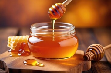 Honey with wooden honey dipper on wooden table. - obrazy, fototapety, plakaty