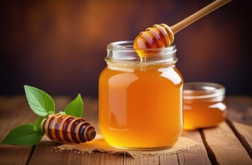Honey with wooden honey dipper on wooden table.