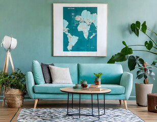Stylish scandinavian living room interior with design mint sofa, furnitures, mock up poster. Generative AI.