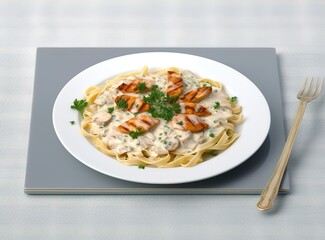Spaghetti on a white plate with mayonnaise and sliced ​​meat on top. generative AI