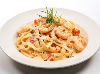 Spaghetti on a white plate with mayonnaise and sliced ​​meat on top. generative AI