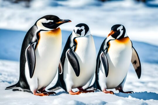 three penguins on the snow